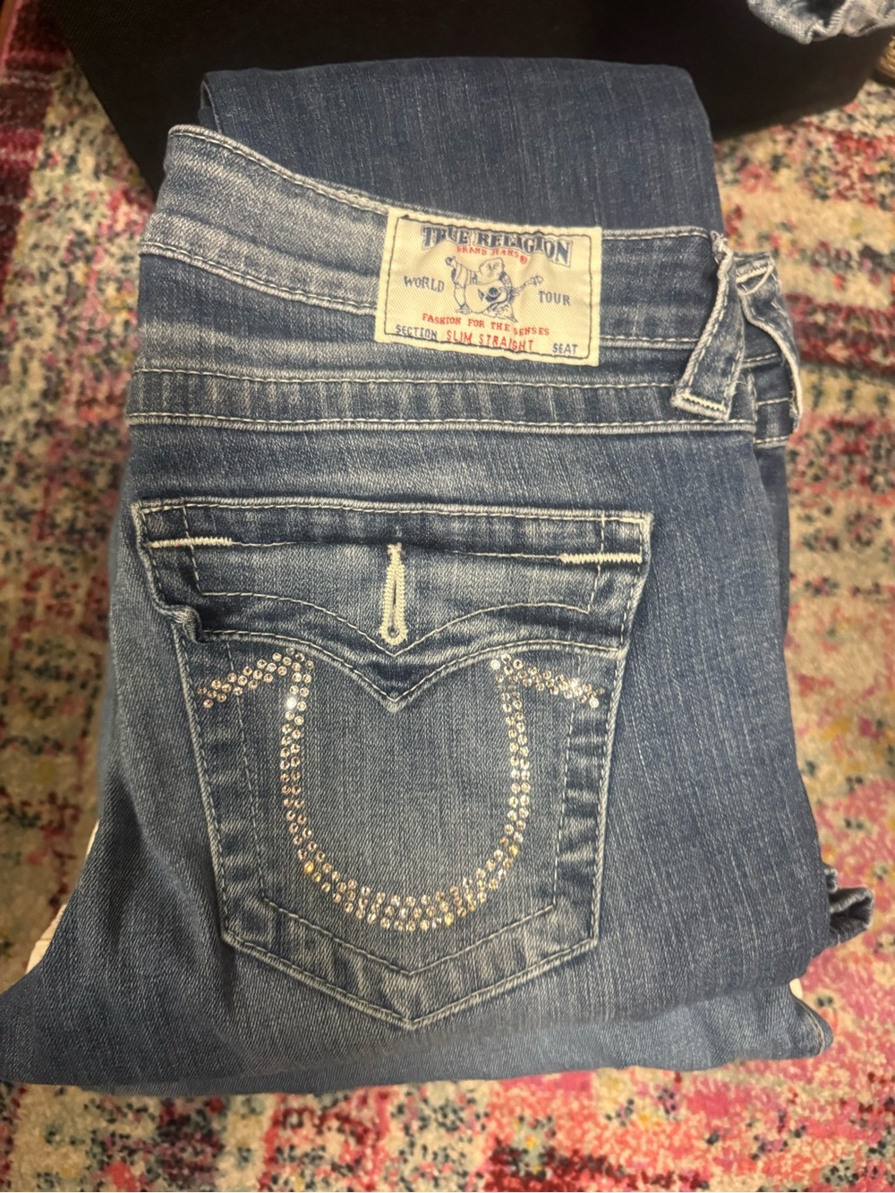 True Religion Women's Blue Boot Cut Jeans with Rhinestone Pocket Detail
